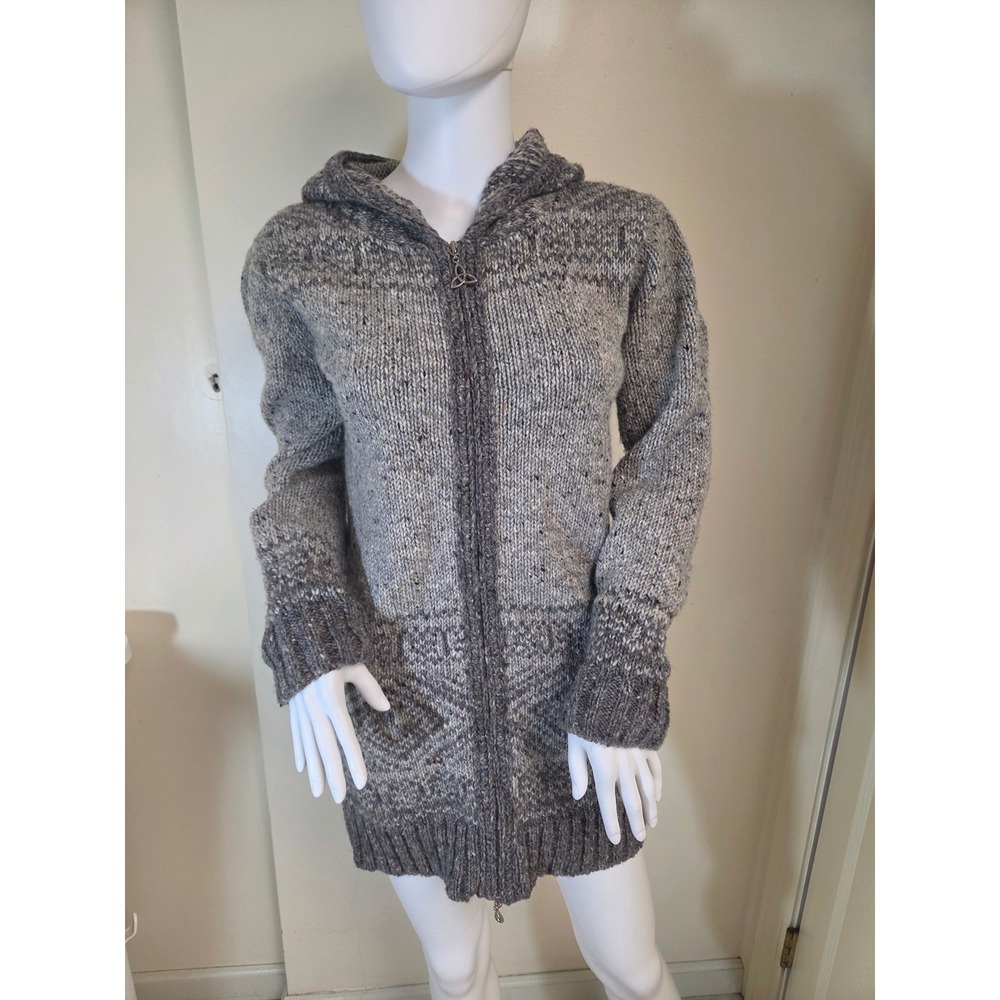 Inis Crafts Ireland 100% Wool Hooded Full Zip Cardigan Sweater Grey Celtic S